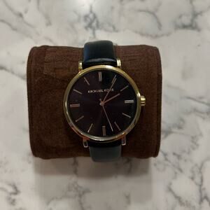 NWT Michael Kors Addyson MK2949 Black Leather Watch Gold Case Three Hand